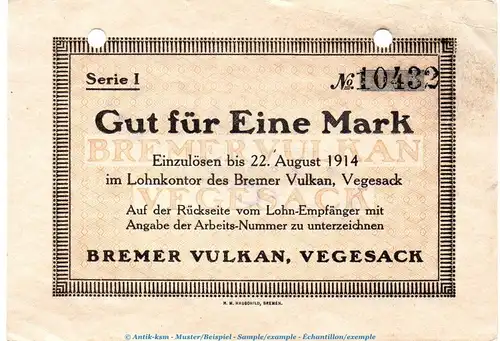 Notgeld Bremer Vulkan Vegesack , 1 Mark Schein in L-gbr.E , Dießner 412.1 o.D. Bremen Notgeld 1914-15