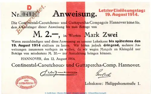 Notgeld Continental Coutchuc Hannover , 2 Mark Schein in kfr.E , Dießner 142.2.c von 1914 , Niedersachsen Notgeld 1914-15