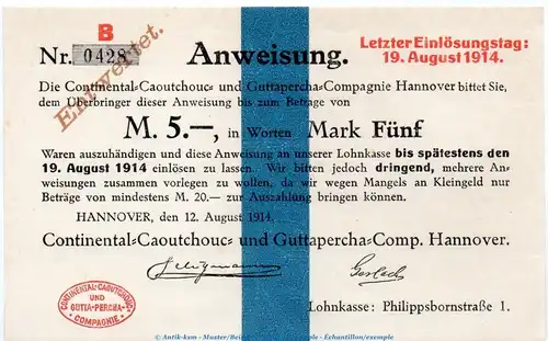 Notgeld Continental Coutchuc Hannover , 5 Mark Schein in kfr.E , Dießner 142.2.e von 1914 , Niedersachsen Notgeld 1914-15