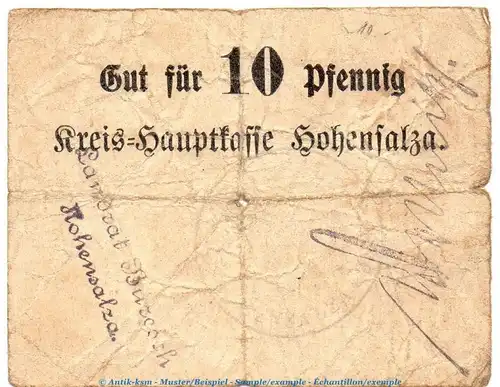 Notgeld Kreis Hauptkasse Hohensalza , 10 Pfennig Schein in gbr. Dießner 155.1 o.D. Posen Notgeld 1914-15