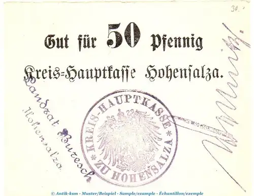 Notgeld Kreis Hauptkasse Hohensalza , 50 Pfennig Schein in kfr. Dießner 155.3.a o.D. Posen Notgeld 1914-15