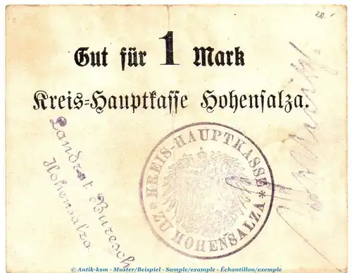 Notgeld Kreis Hauptkasse Hohensalza , 1 Mark Schein in gbr. Dießner 155.4 o.D. Posen Notgeld 1914-15