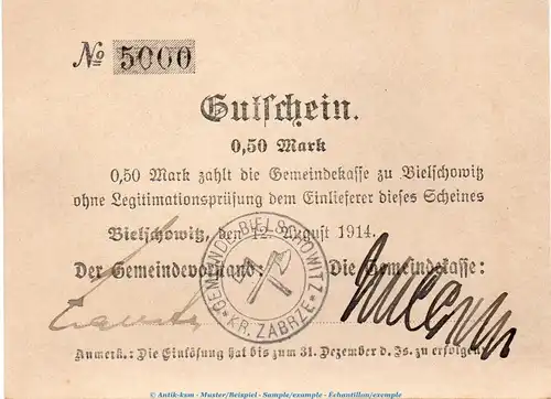 Notgeld Gemeinde Bielschowitz 0,5 Mark Schein in kfr. Dießner 25.7.a von 1914 , Oberschlesien Notgeld 1914-15