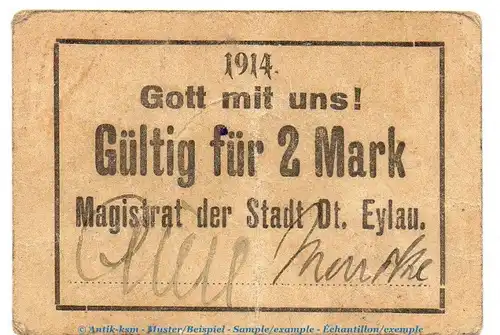 Notgeld Magistrat Dt. Eylau , 2 Mark Schein in gbr. Dießner 80.3 von 1914 , Westpreussen Notgeld 1914-15