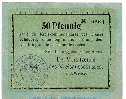 Notgeld Kreisausschuss Schildberg , 50 Pfennig Schein in gbr , Dießner 355.1 von 1914 , Posen Notgeld 1914-15