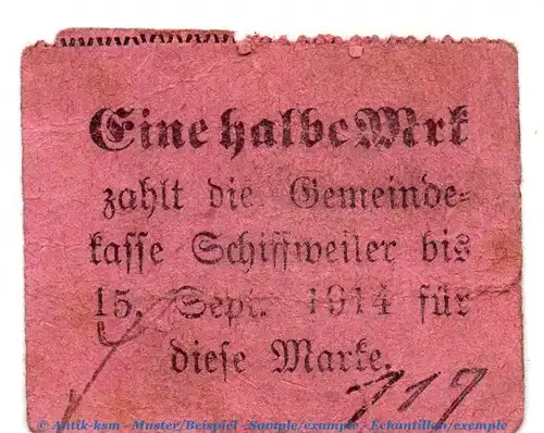 Notgeld Bürgermeisteramt Schiffweiler , 1 halbe Mark Schein in gbr , Dießner 354.1.b von 1914 , Rheinland Notgeld 1914-15