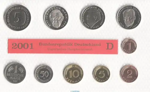 Kursmünzen Satz Deutschland , KMS von 2001 D , stempelglanz , Jäger 180 , Bundesrepublik Deutschland