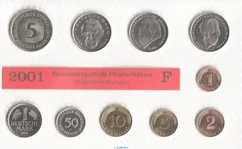 Kursmünzen Satz Deutschland , KMS von 2001 F , stempelglanz , Jäger 180 , Bundesrepublik Deutschland