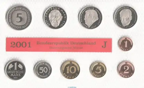 Kursmünzen Satz Deutschland , KMS von 2001 J , stempelglanz , Jäger 180 , Bundesrepublik Deutschland