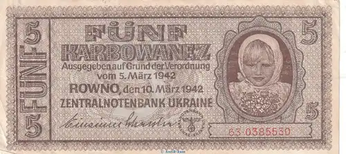 Banknote , 5 Karbowanez Schein in L-gbr. ZWK-49, Ros.593, P.51 , vom 10.03.1942 , drittes Reich - Besatzungsausgabe