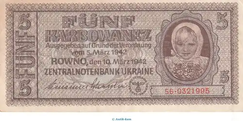 Banknote , 5 Karbowanez Schein in gbr. ZWK-49, Ros.593, P.51 , vom 10.03.1942 , drittes Reich - Besatzungsausgabe
