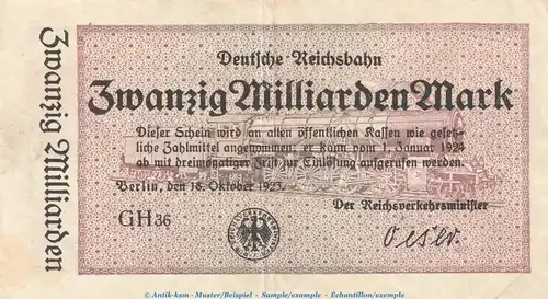 Reichsbanknote , 20 Milliarden Mark in gbr. Ohne KN - Nicht im Katalog von 1923 , deutsche Reichsbahn - Inflation