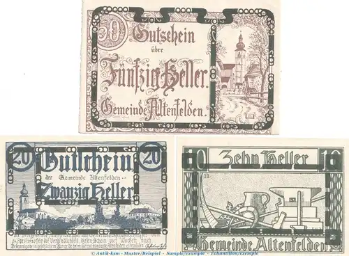 Notgeld der Gemeinde Altenfelden S.27.II.c , -grünbronze- Set mit 3 Scheinen in kfr. von 1920 , Notgeld Oberösterreich
