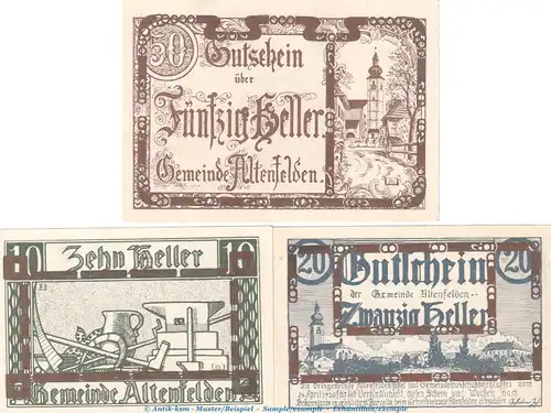 Notgeld der Gemeinde Altenfelden S.27.II.d , -Kupfer- Set mit 3 Scheinen in kfr. von 1920 , Notgeld Oberösterreich