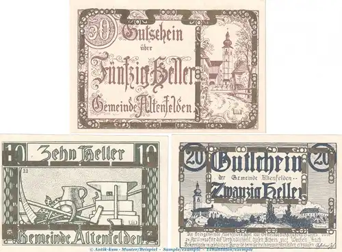 Notgeld der Gemeinde Altenfelden S.27.II.b , -Gold- Set mit 3 Scheinen in kfr. von 1920 , Notgeld Oberösterreich
