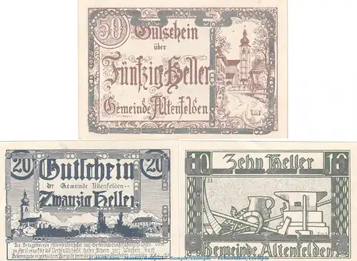 Notgeld der Gemeinde Altenfelden S.27.II.g , -Silber- Set mit 3 Scheinen in kfr. von 1920 , Notgeld Oberösterreich