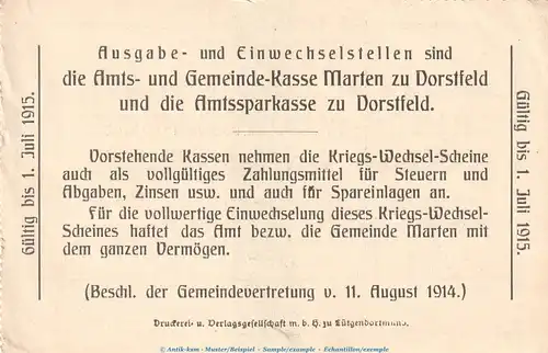 Notgeld Gemeinde Marten , 1 halbe Mark Schein in kfr. Dießner 223.1 von 1914 , Westfalen Notgeld 1914-15