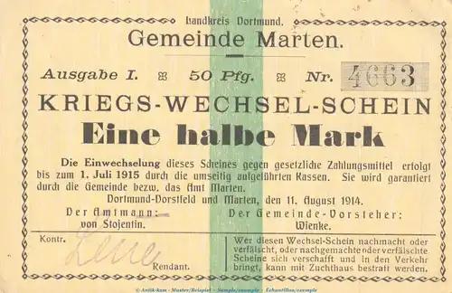 Notgeld Gemeinde Marten , 1 halbe Mark Schein in kfr. Dießner 223.1 von 1914 , Westfalen Notgeld 1914-15