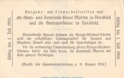 Notgeld Gemeinde Marten , 2 Mark Schein in kfr. Dießner 223.3.d von 1914 , Westfalen Notgeld 1914-15