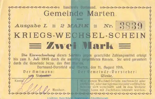 Notgeld Gemeinde Marten , 2 Mark Schein in kfr. Dießner 223.3.d von 1914 , Westfalen Notgeld 1914-15