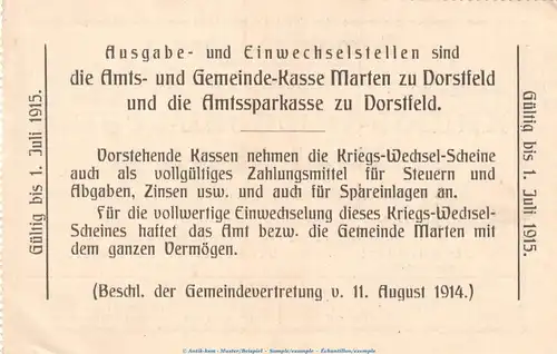 Notgeld Gemeinde Marten , 3 Mark Schein in kfr. Dießner 223.4.c von 1914 , Westfalen Notgeld 1914-15