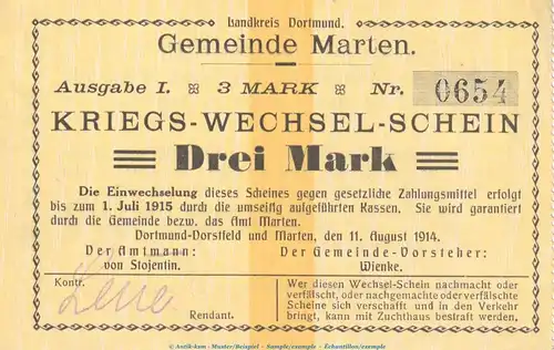 Notgeld Gemeinde Marten , 3 Mark Schein in kfr. Dießner 223.4.c von 1914 , Westfalen Notgeld 1914-15
