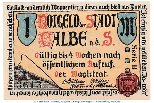 Notgeld Stadt Calbe 213.2 , 1 Mark Schein -Serie A Stempel- in kfr. von 1921 , Sachsen Anhalt Seriennotgeld