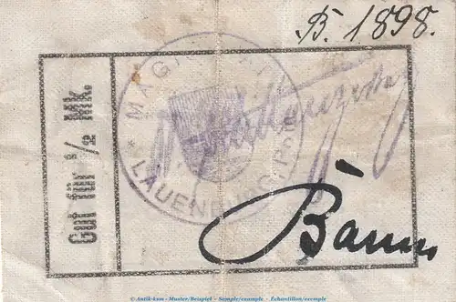 Notgeld Magistrat Lauenburg , 1 halbe Mark Schein in gbr. Dießner 198.2.b o.D. Pommern Notgeld 1914-15