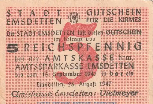 Notgeld Stadt Emsdetten , 5 Pfennig Schein in gbr. Topp 255.1 von 1947 , Westfalen Notgeld 1945-48