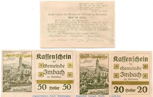 Notgeld der Gemeinde Imbach S.404.III.d Gold Ausgabe , Set mit 3 Scheinen grün in kfr. o.D. Notgeld Niederösterreich
