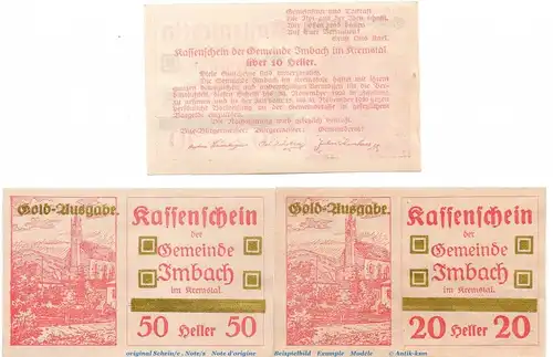Notgeld der Gemeinde Imbach S.404.III.d Gold Ausgabe , Set mit 3 Scheinen rosa in kfr. o.D. Notgeld Niederösterreich