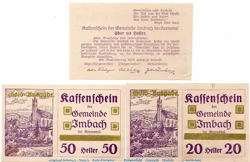 Notgeld der Gemeinde Imbach S.404.III.d Gold Ausgabe , Set mit 3 Scheinen violet in kfr. o.D. Notgeld Niederösterreich