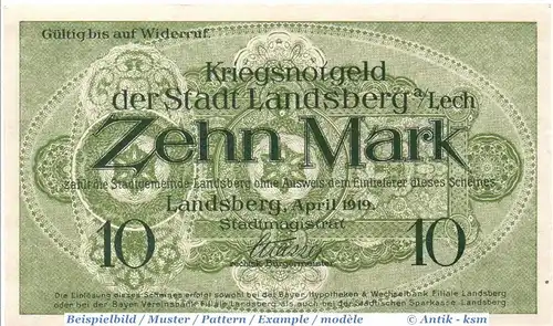 Großnotgeld Landsberg a. Lech , 10 Mark Schein in kfr. Geiger 307.01 , von 1919 , Bayern Großnotgeld