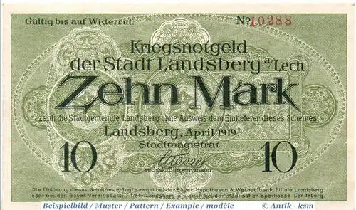 Großnotgeld Landsberg a. Lech , 10 Mark Schein in kfr. Geiger 307.01 , von 1919 , Bayern Großnotgeld