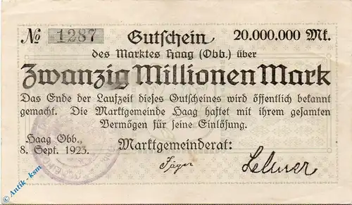 Notgeld Haag , 50 Millionen Mark Schein gbr , Keller 2028.f , 08.09.1923 , Bayern Großnotgeld