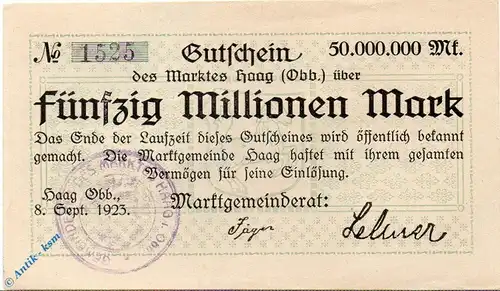Notgeld Haag , 50 Millionen Mark Schein f-kfr , Keller 2028.h , 08.09.1923 , Bayern Großnotgeld