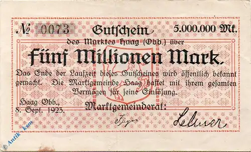 Notgeld Haag , 5 Millionen Mark Schein gbr , Keller 2028.d , 08.09.1923 , Bayern Großnotgeld
