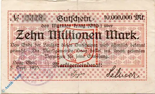 Notgeld Haag , 10 Millionen Mark Schein gbr , Keller 2028.e III , 08.09.1923 , Bayern Großnotgeld