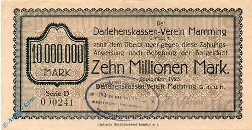 Notgeld Mamming , 10 Millionen Mark Schein gbr , Serie D , Keller 3426.d , 09.1923 , Bayern Großnotgeld 