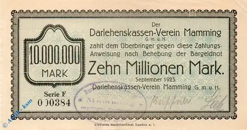 Notgeld Mamming , 10 Millionen Mark Schein , Serie F , Keller 3426.f , 09.1923 , Bayern Großnotgeld