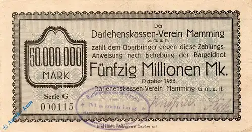 Notgeld Mamming , 50 Millionen Mark Schein gbr , Serie G , Keller 3426.g , 10.1923 , Bayern Großnotgeld