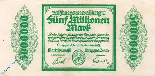 Notgeld Langquaid , Marktsparkasse , 5 Millionen Mark Schein gbr , Keller 2913.d , 05.09.1923 , Bayern Großnotgeld