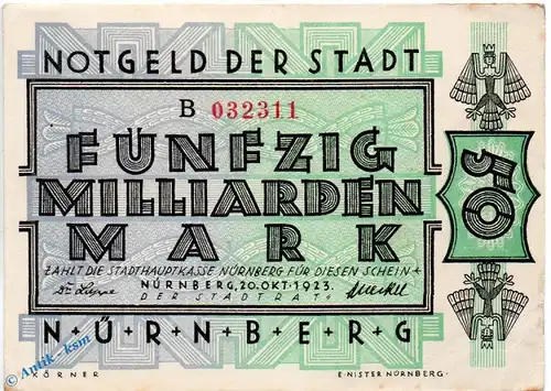 Banknote Nürnberg , 50 Milliarden Mark Schein in kfr. Keller 3970.e , 20.10.1923 , Bayern Großnotgeld Inflation