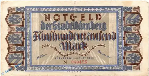 Banknote Nürnberg , 500.000 Mark Schein in gbr. Keller 3970.b , 11.08.1923 , Bayern Großnotgeld Inflation