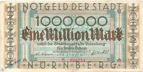 Banknote Nürnberg , 1 Million Mark Schein in gbr. Keller 3970.b , 11.08.1923 , Bayern Großnotgeld Inflation