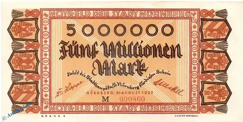 Banknote Nürnberg , 5 Millionen Mark Schein in kfr. Keller 3970.d , 31.08.1923 , Bayern Großnotgeld Inflation