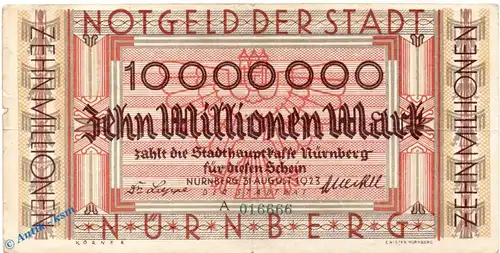 Banknote Nürnberg , 10 Millionen Mark Schein in gbr. Keller 3970.d , 31.08.1923 , Bayern Großnotgeld Inflation