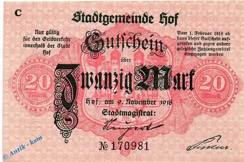 Banknote Stadt Hof , 20 Mark Schein in kfr. E , Geiger 239.06.a , 09.11.1918 , Bayern Großnotgeld