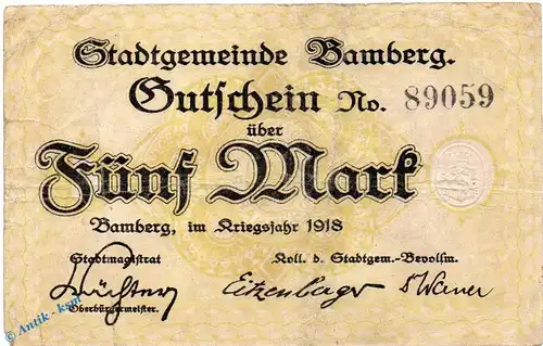 Banknote Bamberg , 5 Mark Schein in gbr. Geiger 028.01 , 1918 , Bayern Großnotgeld