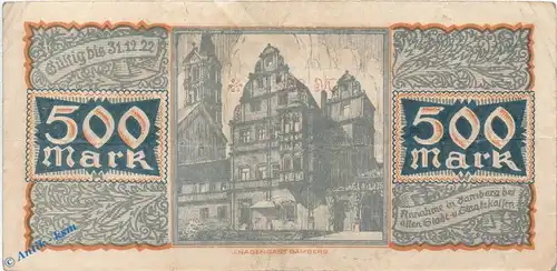 Banknote Bamberg , 500 Mark Schein in gbr. Müller 190.2 , 1922 , Bayern Großnotgeld Inflation